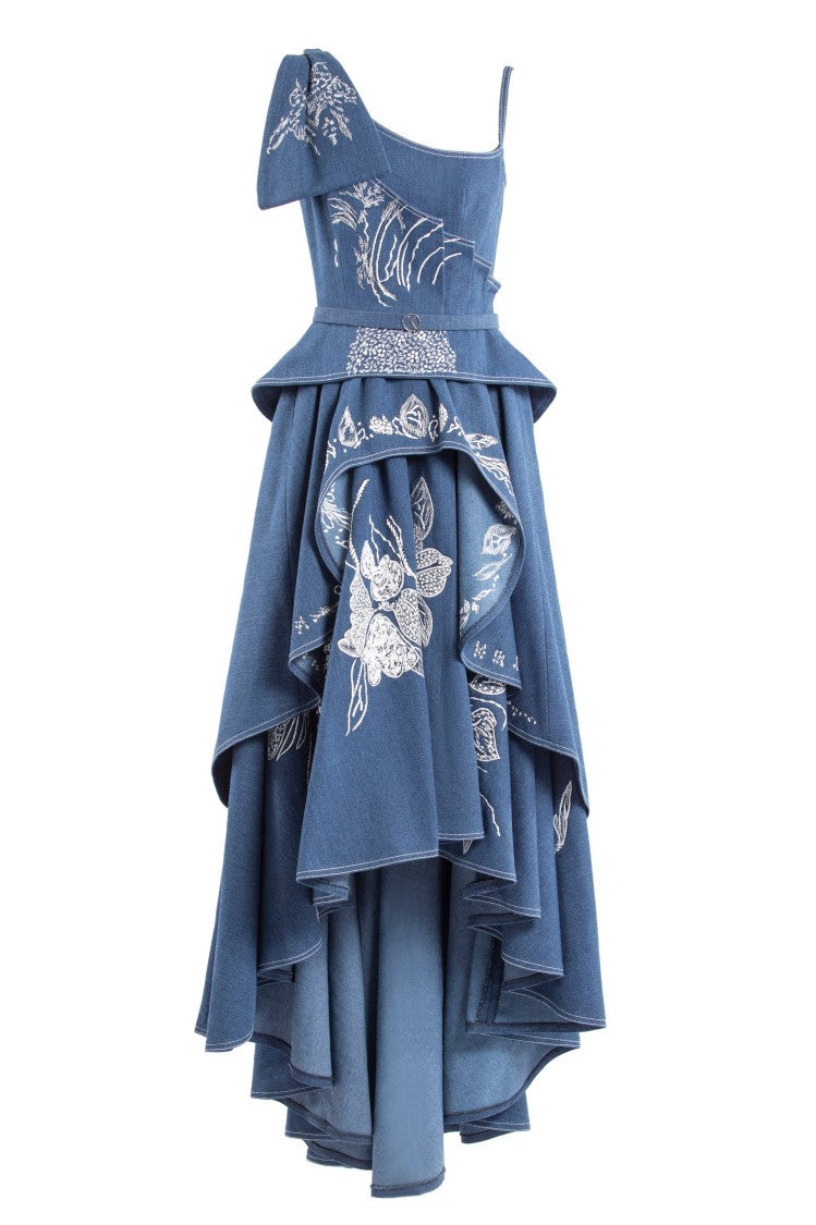 Saiid Kobeisy Denim Dress With Floral Embroidery