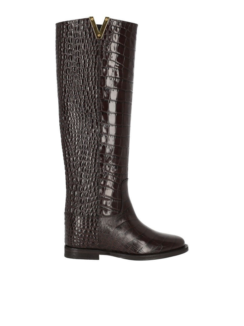 Via Roma 15 Croco Embossed Leather Knee-High Boots