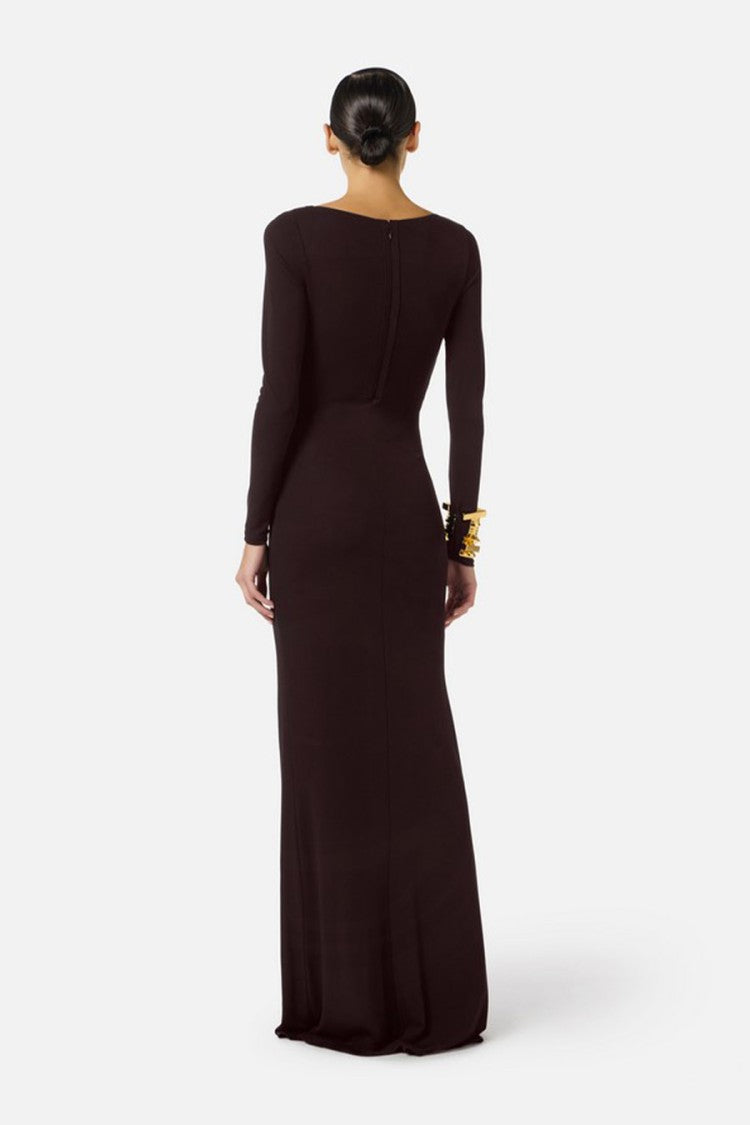 Elisabetta Franchi Brown Keyhole Cutout Draped Jewel Clasp Viscose-Blend Dress
