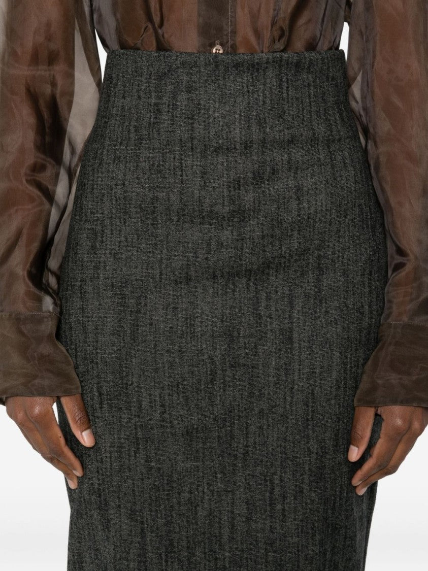 Alberta Ferretti Textured Black Wool Blend Midi Skirt