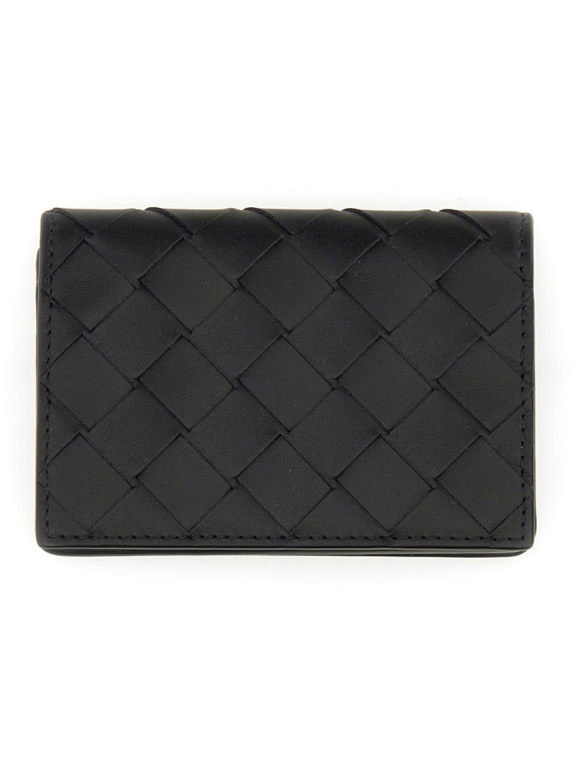 Bottega Veneta Woven Leather Card Holder With Snap Button Closure
