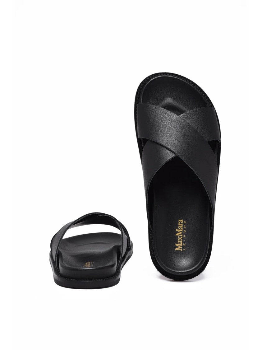 Max Mara Black Crisscross Leather Slide Sandals