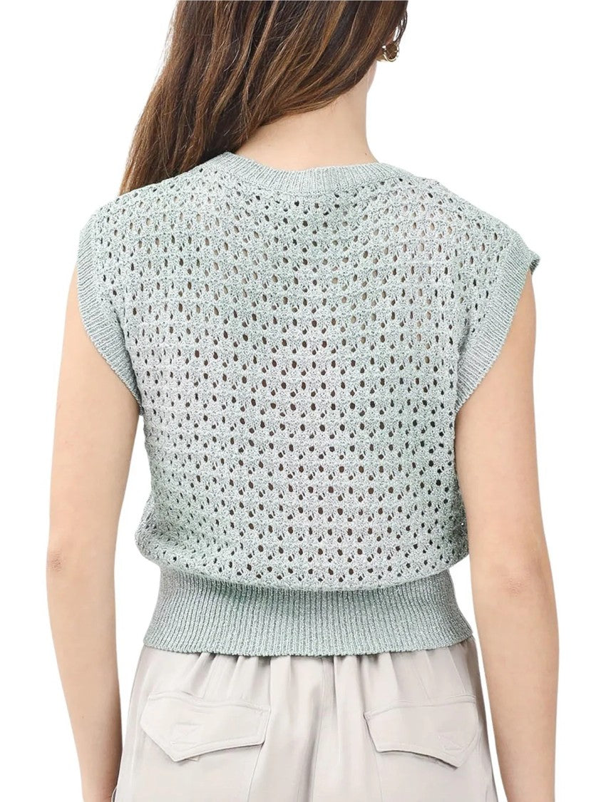 Akep Green Openwork Pattern Ribbed Trim Viscose-Blend Vest