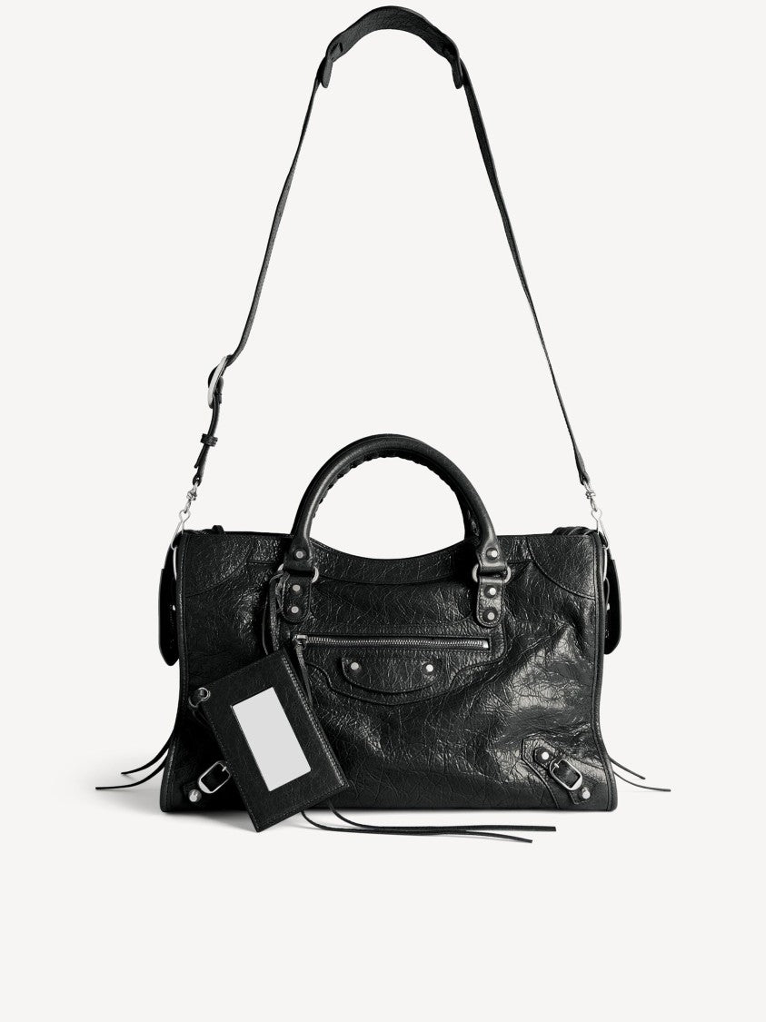 Balenciaga Textured Black Leather Shoulder Bag With Decorative Studs And Tassels