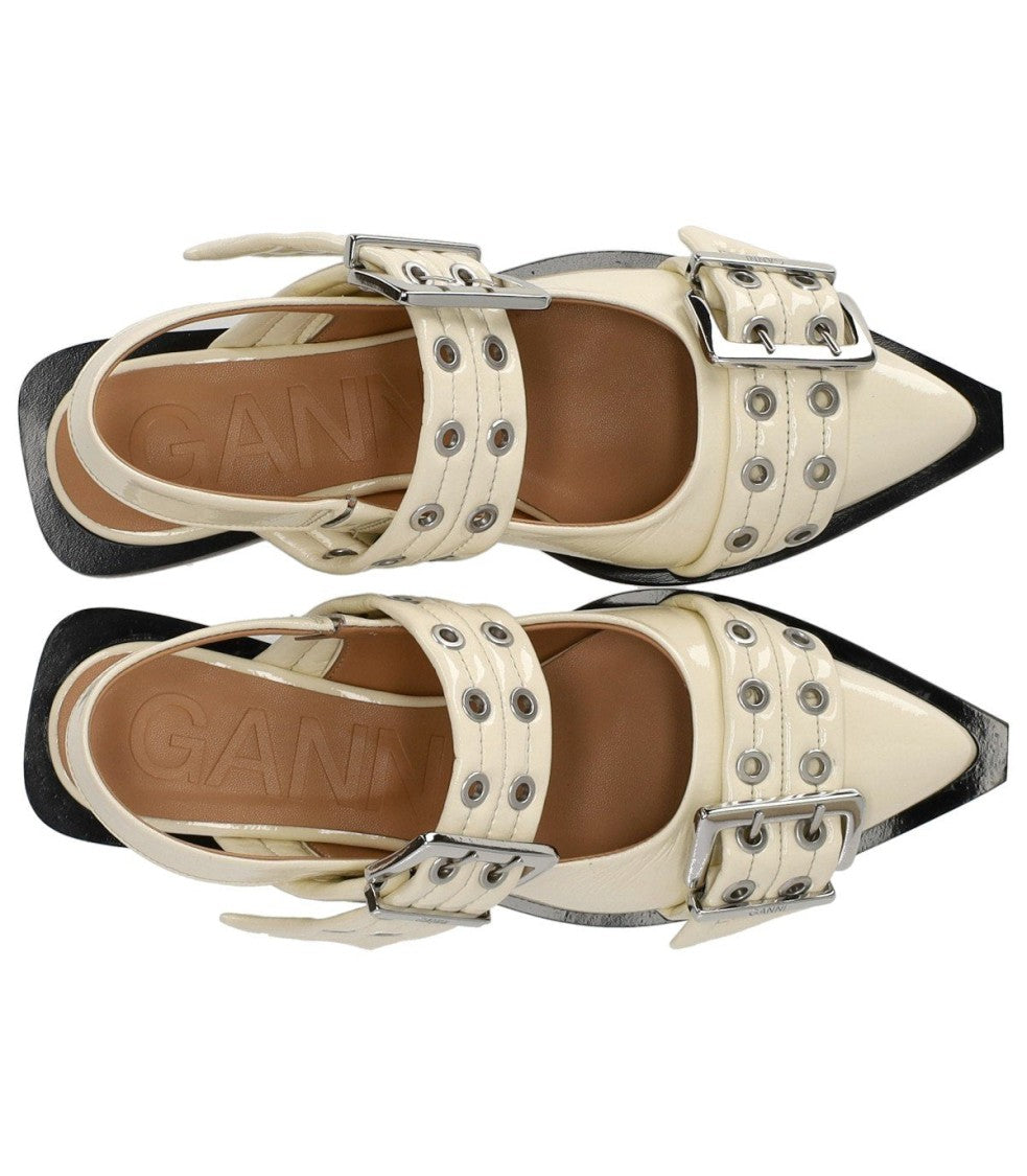 Ganni Egret Slingback Ballet Flat Shoe With Buckles