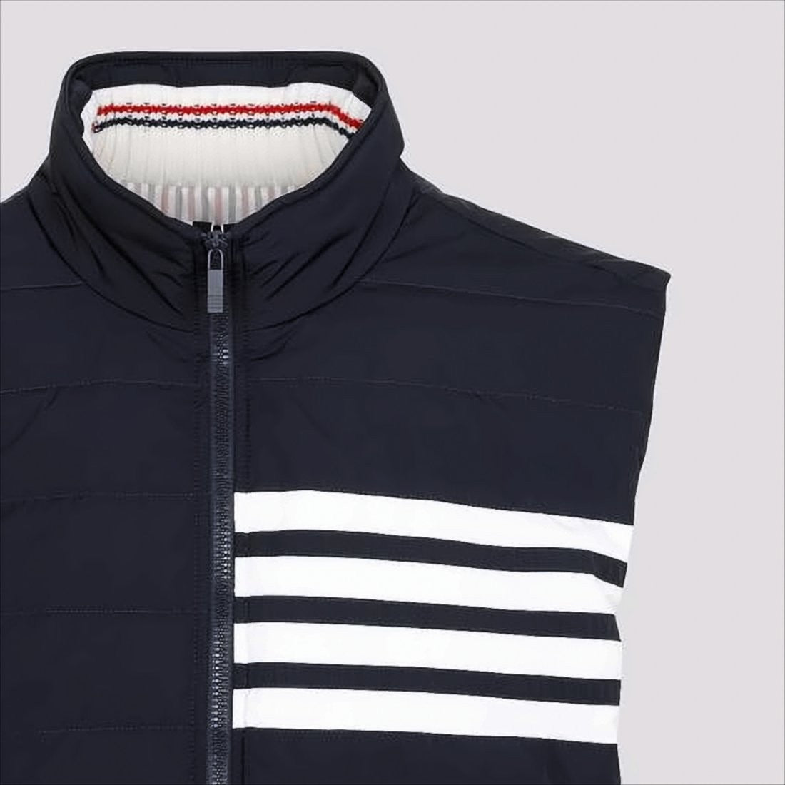 Thom Browne Quilted Padded Vest With High Collar And Striped Detail