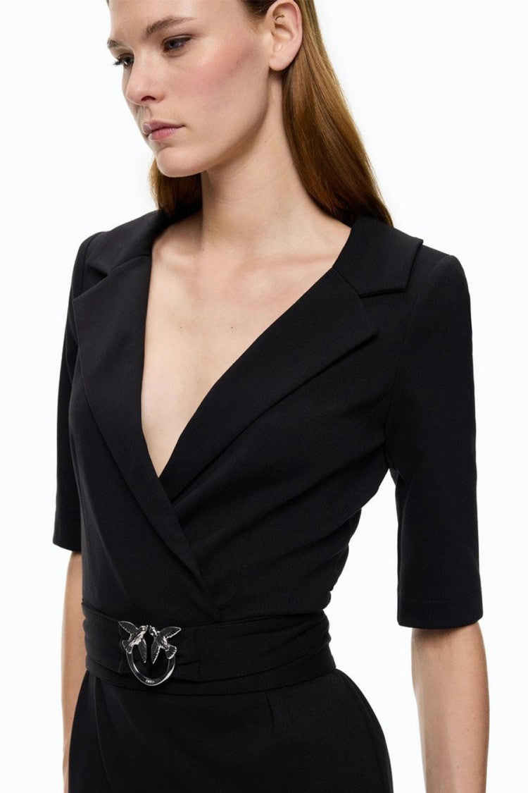 Pinko Black Viscose-Nylon Blend Buckle-Belt Wrap Dress