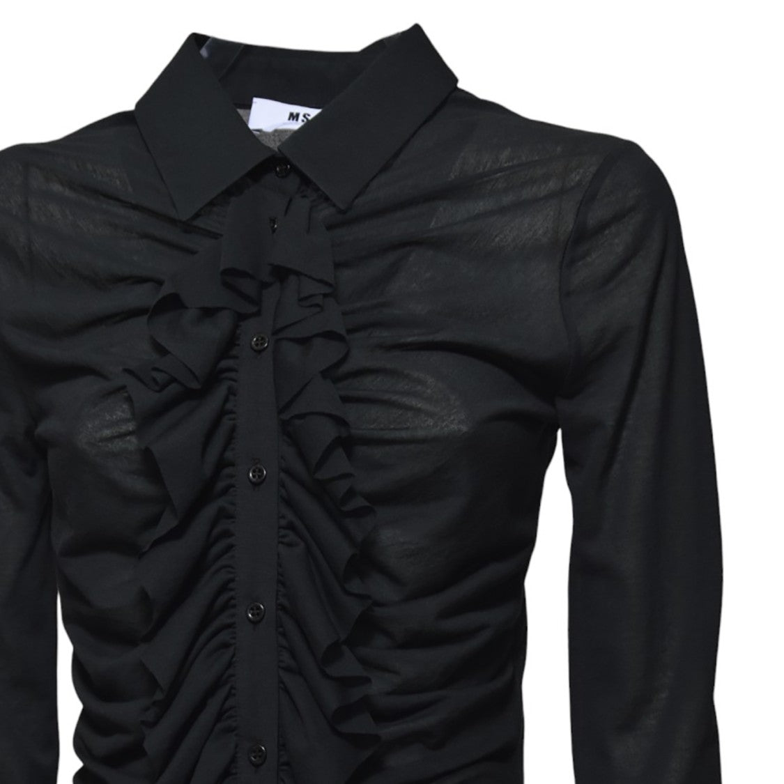 Msgm Fitted Black Shirt With Ruffled Details And Sheer Panel