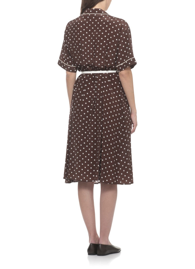 Parosh Brown Silk Midi Dress With Polka Dot Pattern And Button Closure
