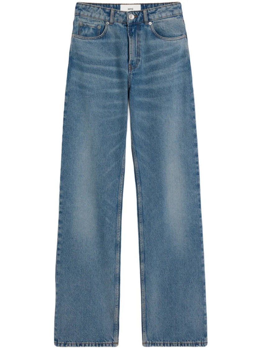 Ami Paris Light Blue Straight Jeans With Vintage Fading