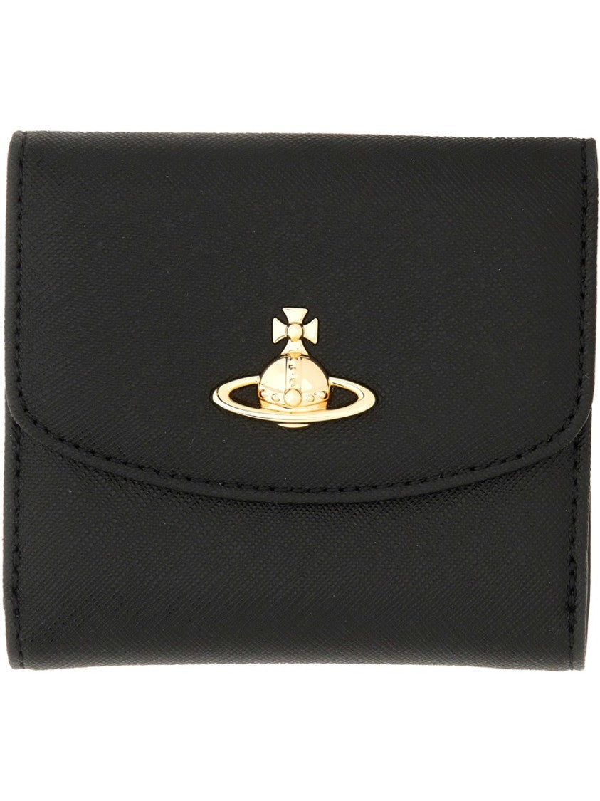 Vivienne Westwood Black Textured Leather Compact Wallet With Snap Closure
