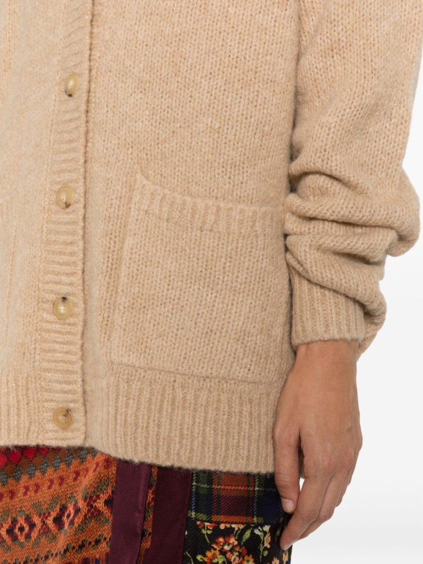 Dries Van Noten Ecru Loose Fit Deep V-Neck Knit Cardigan