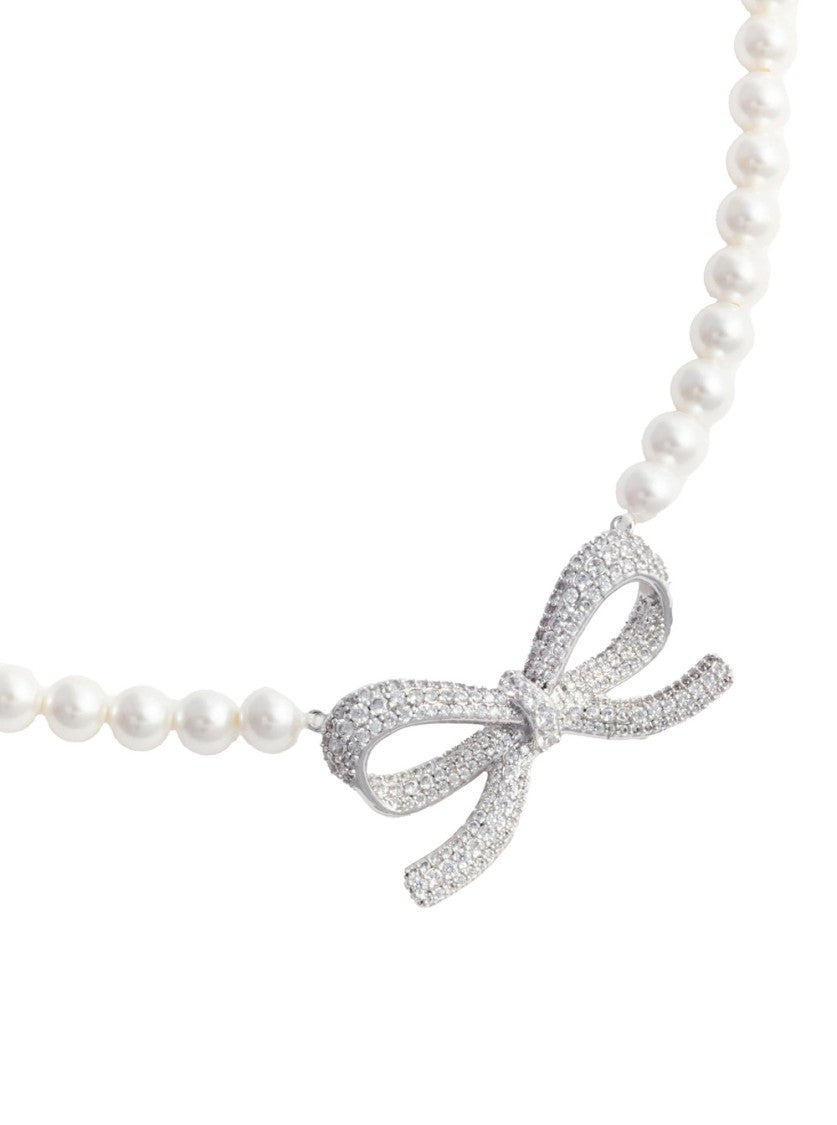 Self-Portrait Lustrous Pearl Necklace With Bow-Shaped Pendant