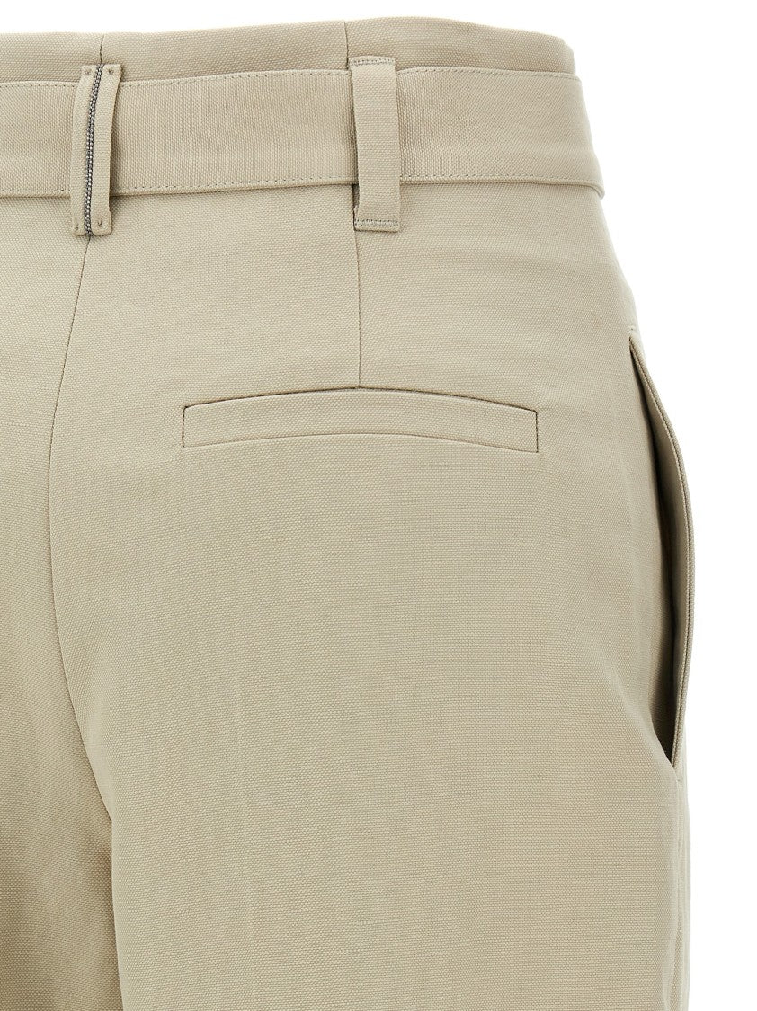 Brunello Cucinelli High-Waisted Cotton-Linen Trousers With Adjustable Belt