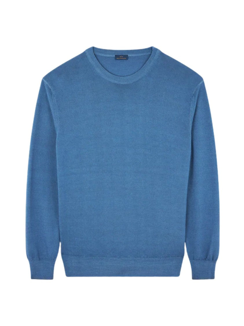 Paul & Shark Muted Blue Crew Neck Wool Sweater With Ribbed Cuffs