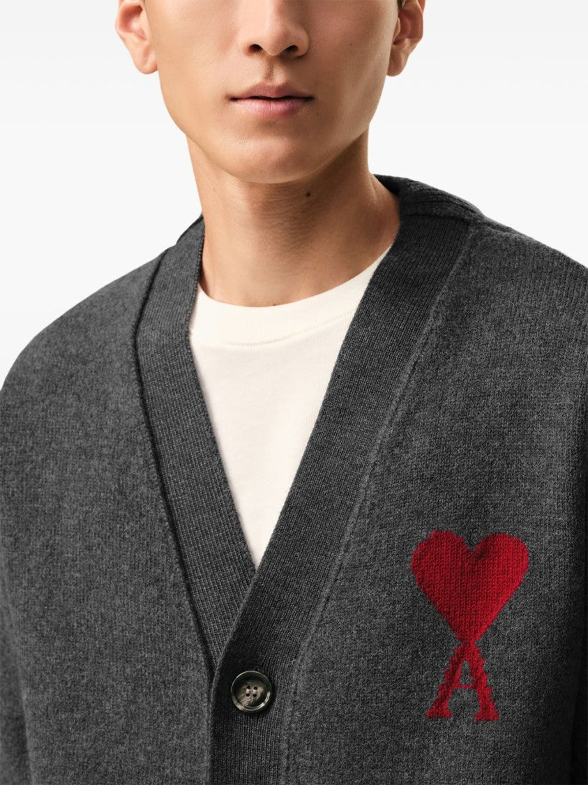 Ami Paris Dark Grey Cardigan Sweater With Iconic Heart Embroidery