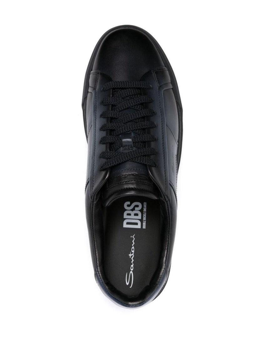 Santoni Navy Blue Calf Leather Lace-Up Sneakers