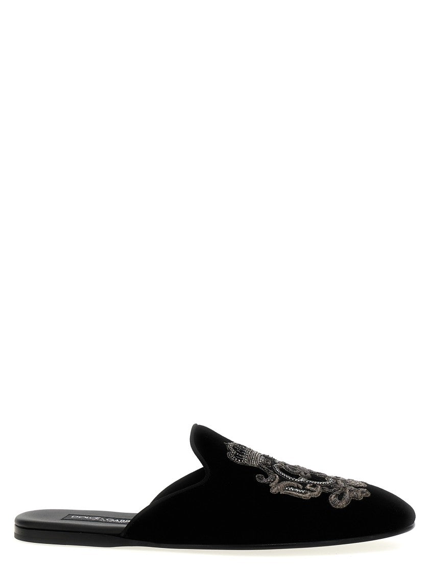 Dolce & Gabbana Velvet Slippers With Embroidered Coat Of Arms