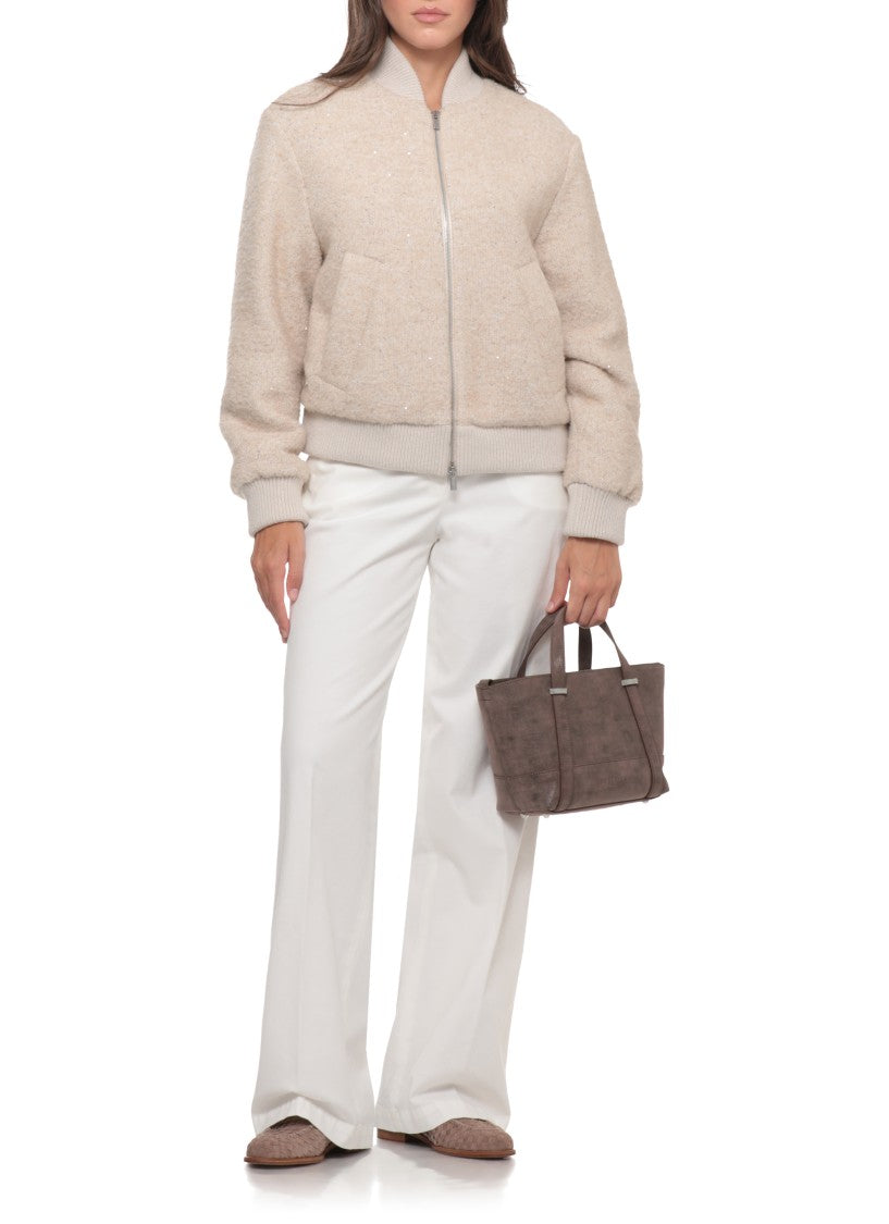 Peserico Beige Sequined Jacket With Ribbed Detailing And Zip Closure