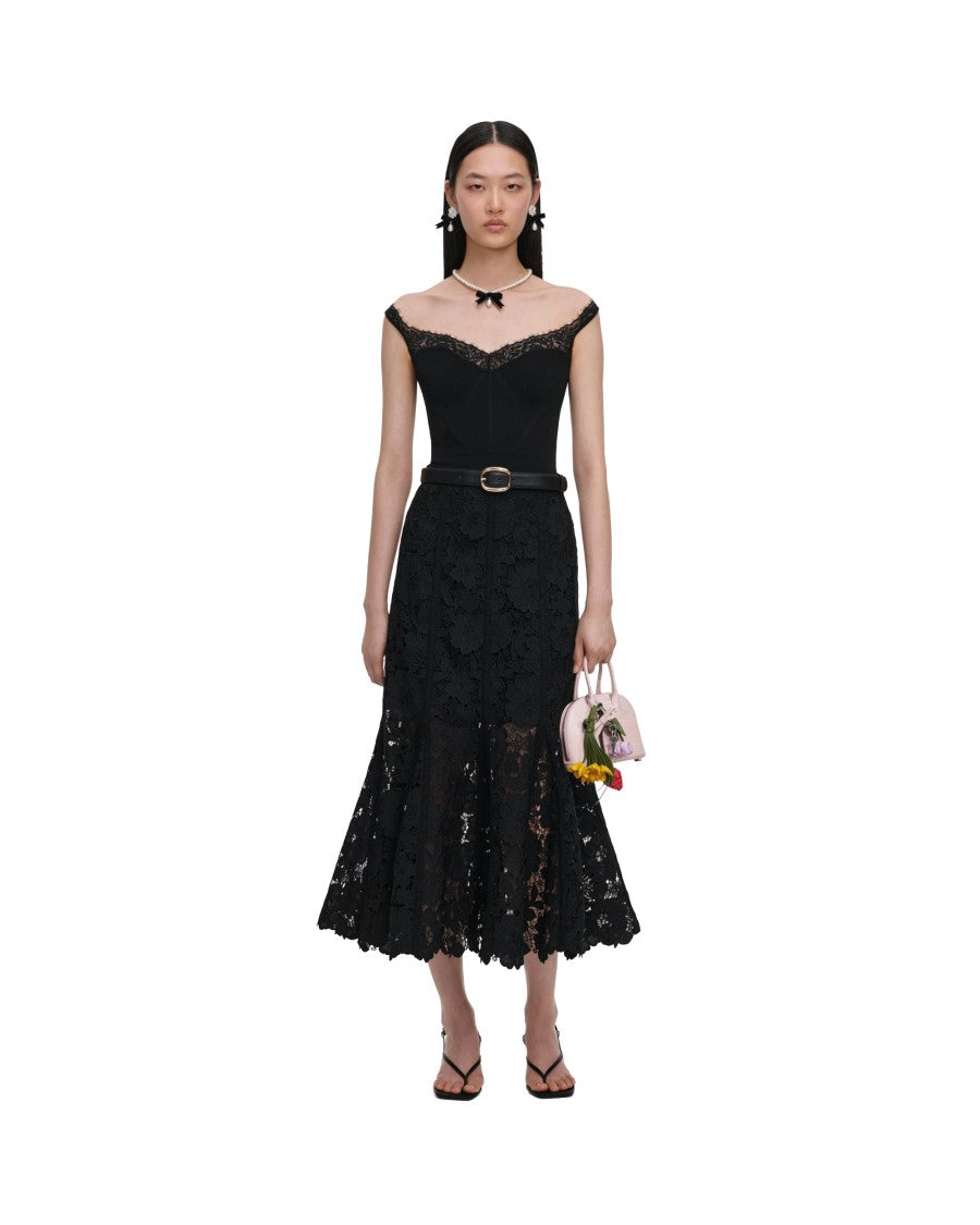 Self-Portrait Lace Midi Skirt With Godet Silhouette And Fitted Waist