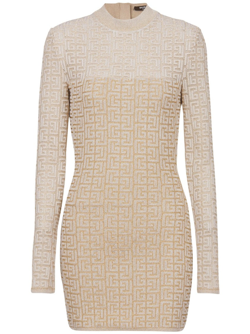 Balmain Neutral Abito Fitted Knit Monogram Dress