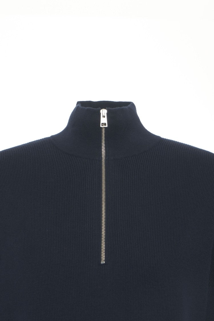 Closed Ribbed Knit Sweater With High Collar And Half-Zip Closure