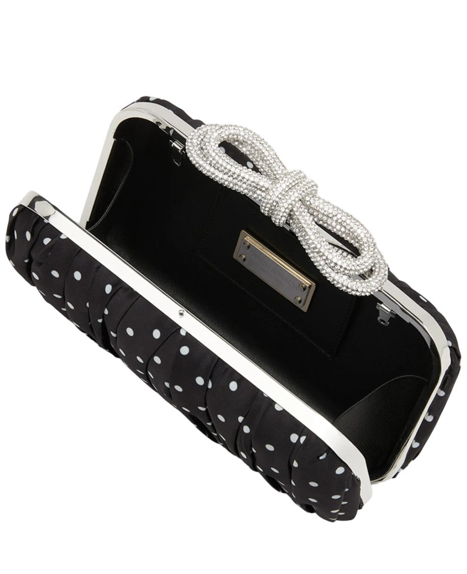 Mach & Mach Double Bow Black Satin Polka Dots Clutch