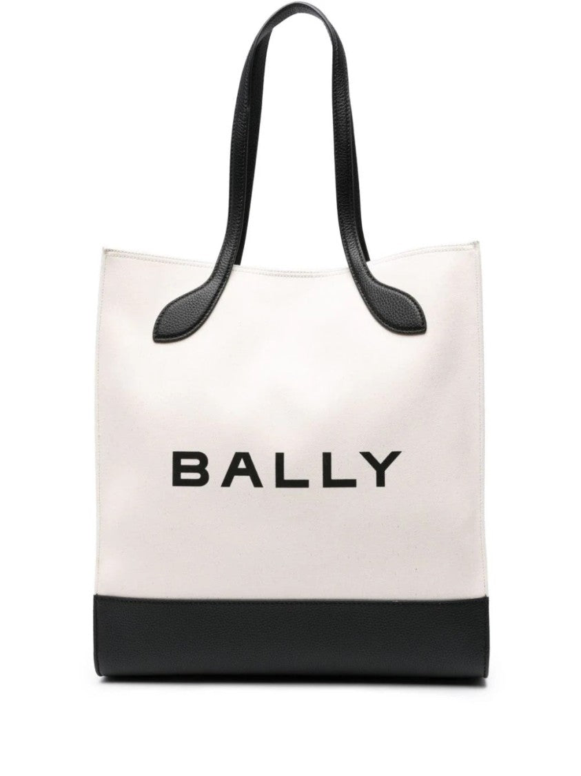 Bally Spacious Beige Canvas Tote With Black Leather Accents