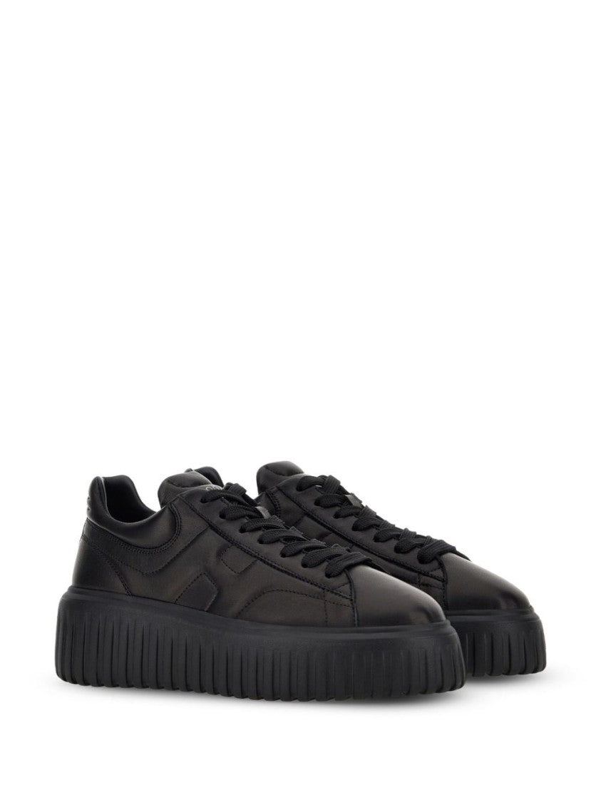 Hogan Minimalist Black Leather Sneakers With Thick Platform Sole