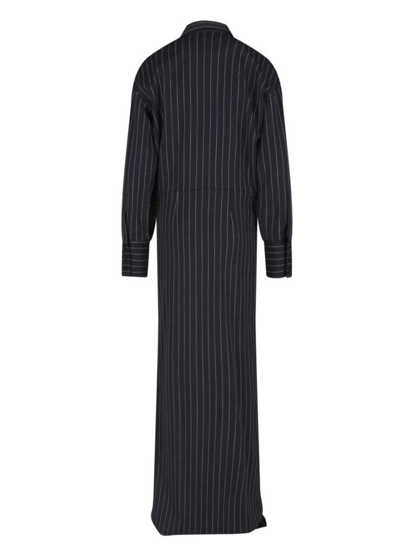 Dondup Black Gessato Wool Pinstripe Maxi Dress