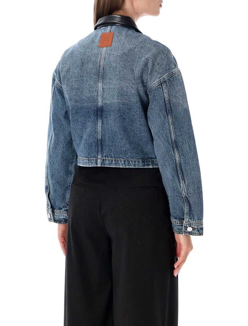 Anine Bing Yuma Boxy Cropped Leather Collar Denim Jacket