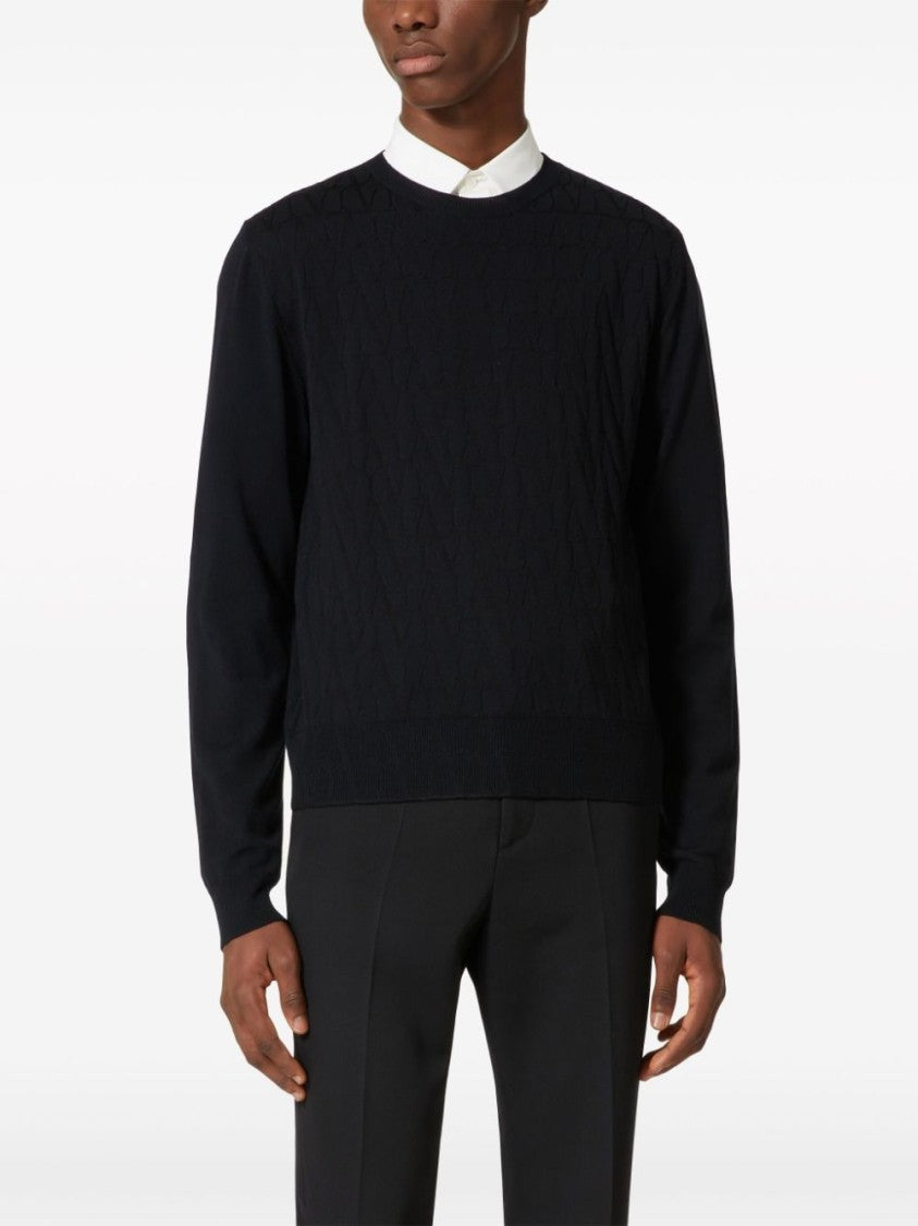 Valentino Garavani Monogram Jacquard Crew Neck Sweater In Black Virgin Wool