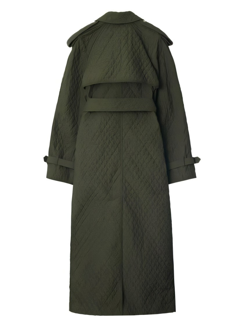 Burberry Quilted Green Long Coat With Belted Waist