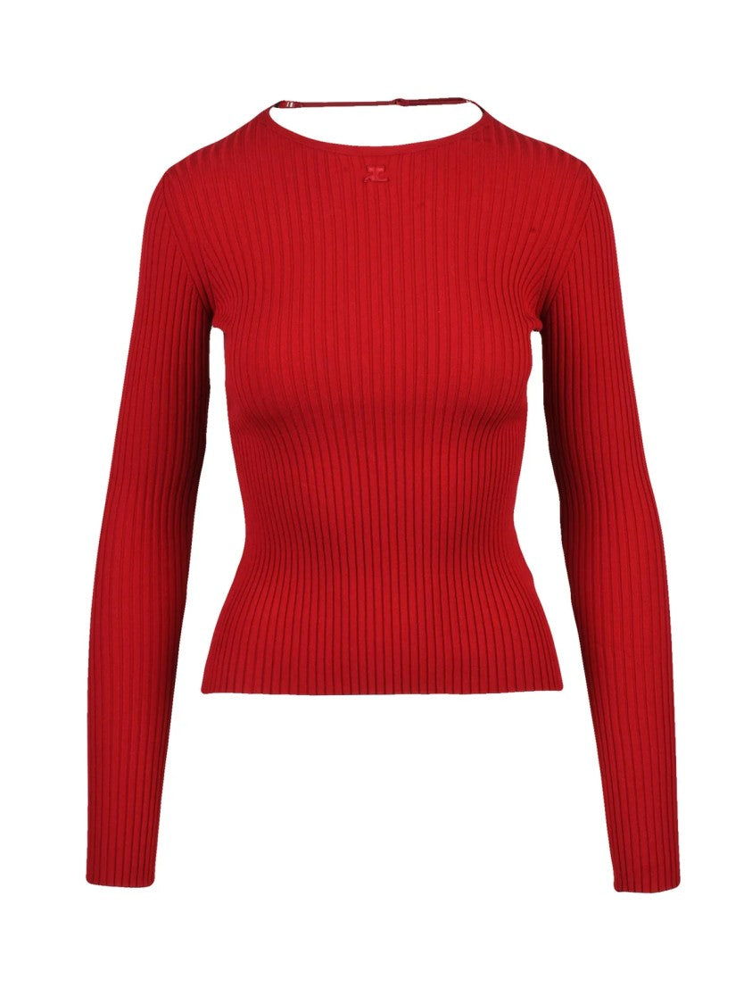 Courrèges Ribbed Long-Sleeved Knit Top With Subtle Back Strap Detail