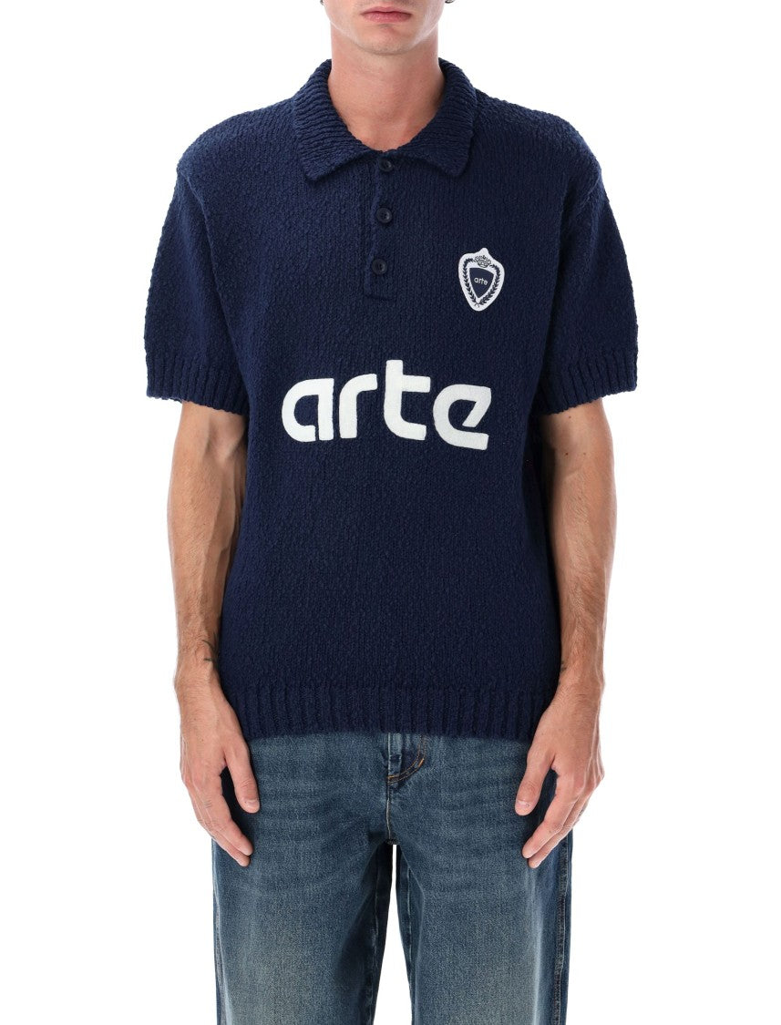 Arte Antwerp Football Knit Blue Cotton Polo Sweater
