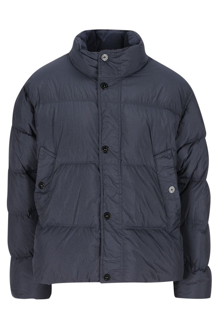 Stone Island Men's Solid Blue Jacket With High Collar And Front Zipper