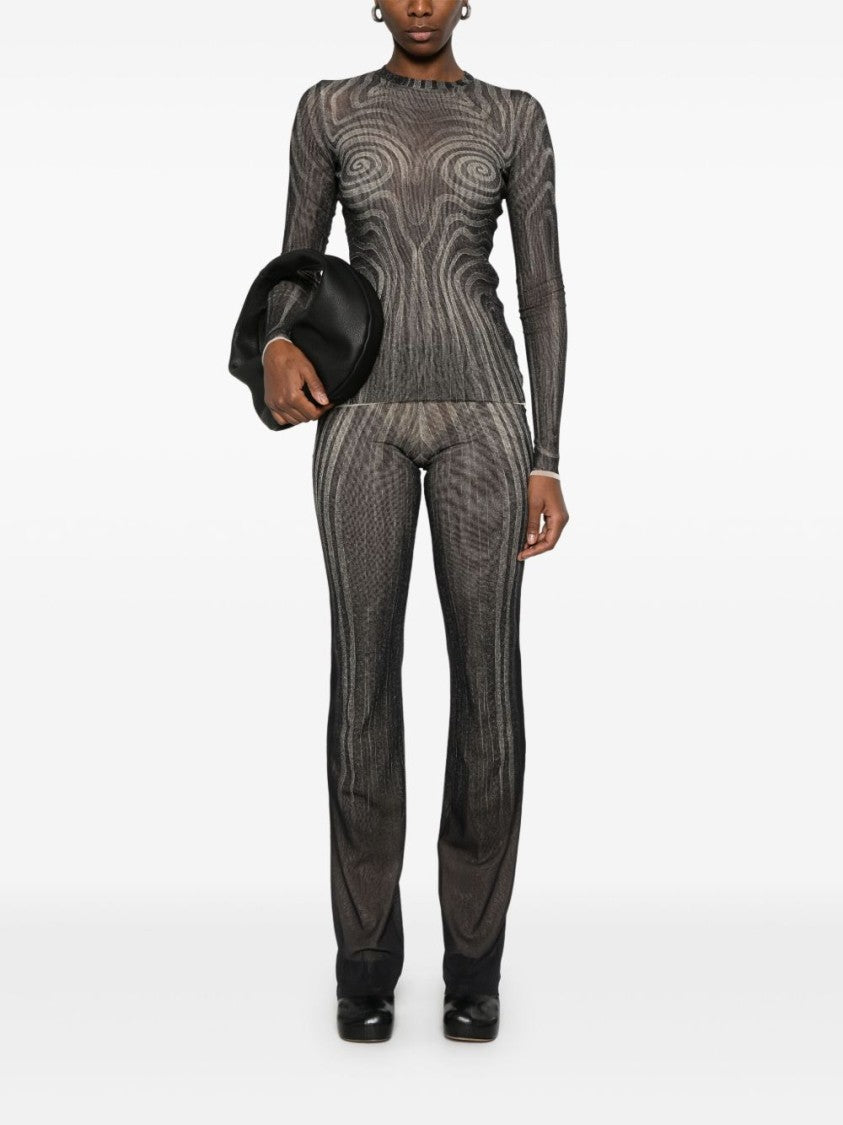 Jean Paul Gaultier Fitted Black Mesh Top With Spiral Print