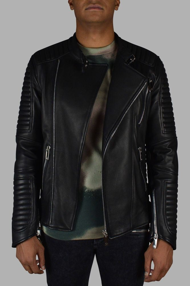 Philipp Plein Asymmetrical Black Leather Biker Jacket