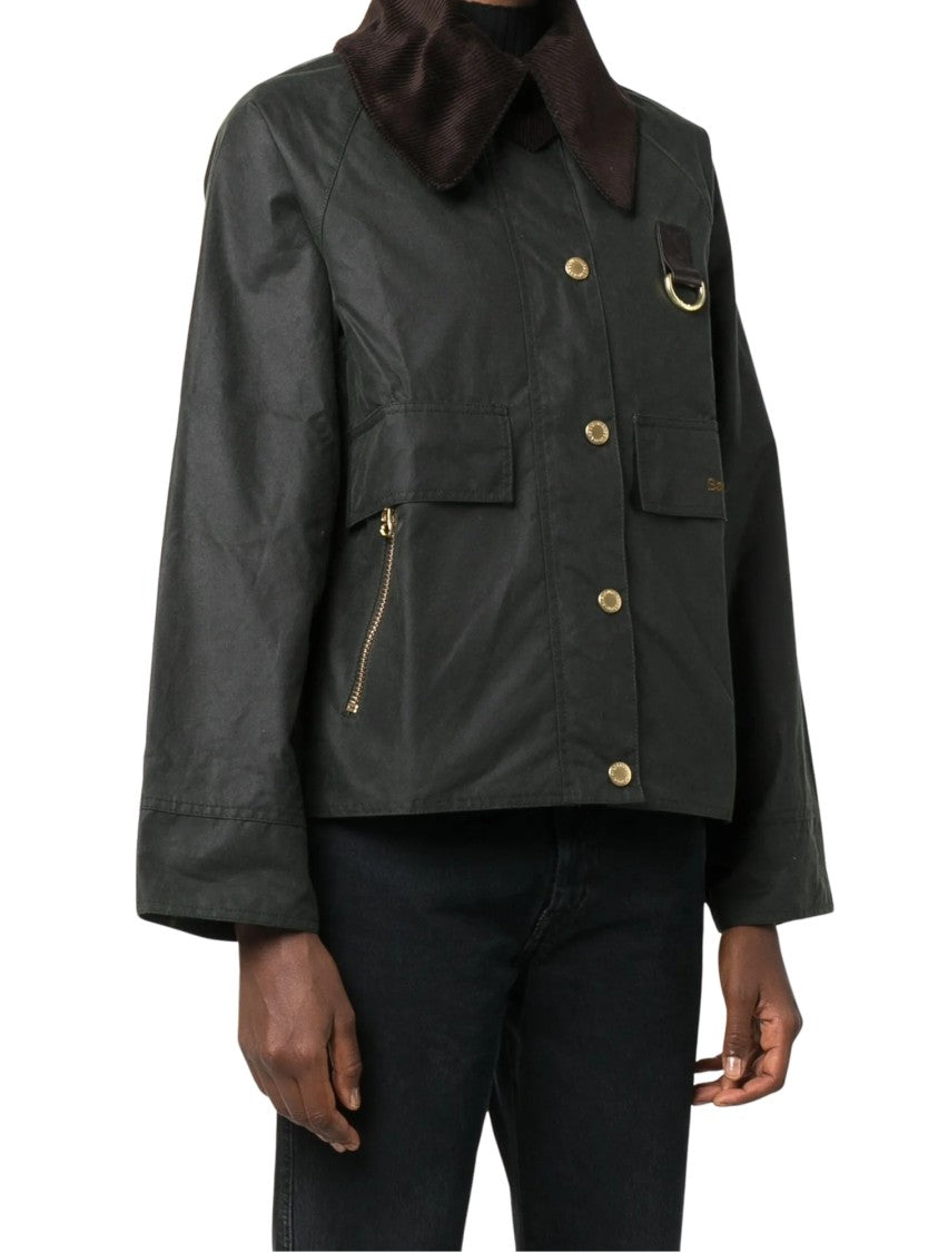 Barbour Boxy Black Embroidered Jacket With Corduroy Collar And Decorative Elements