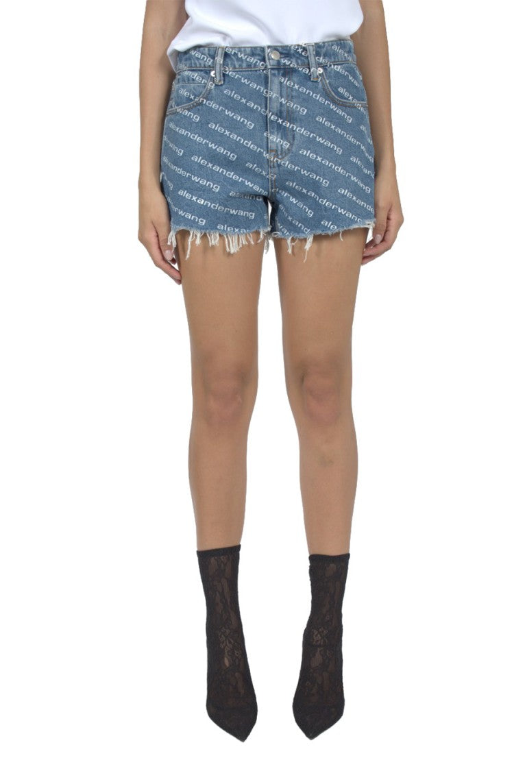 Alexander Wang Blue Logo-Print Frayed Hem Denim Shorts