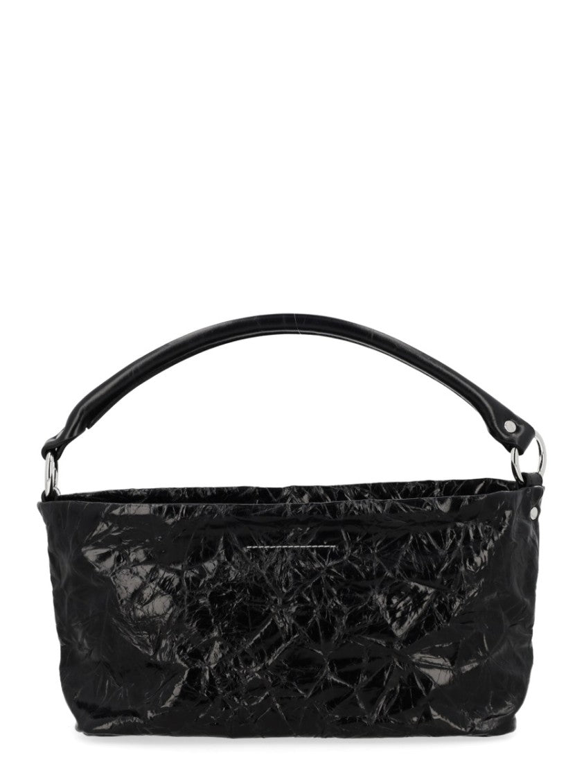 Mm6 By Maison Margiela Black Numeric Glossy Crinkled Leather Hobo Bag