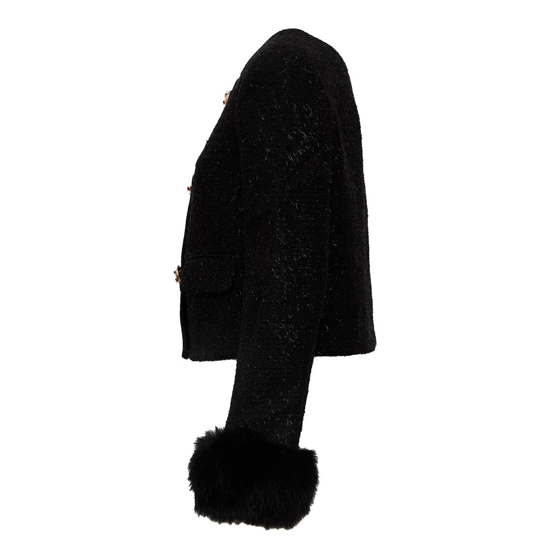 Self-Portrait Black Metallic Boucle Faux Fur Cuff Jacket