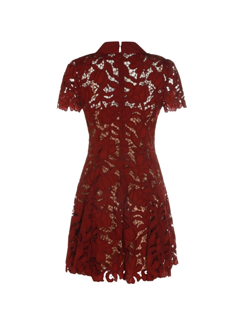 Self-Portrait Burgundy Puff-Sleeve Lace Mini Dress