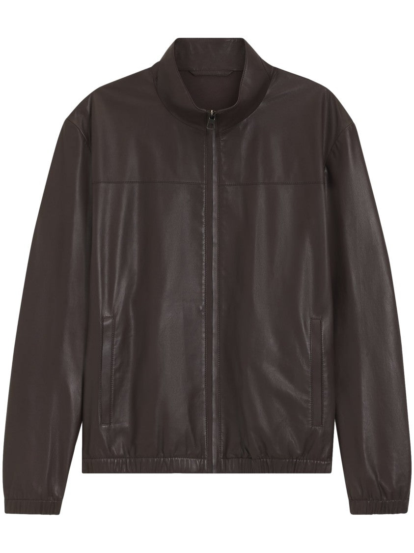 Boss Brown Leather Jacket With Zipper Closure