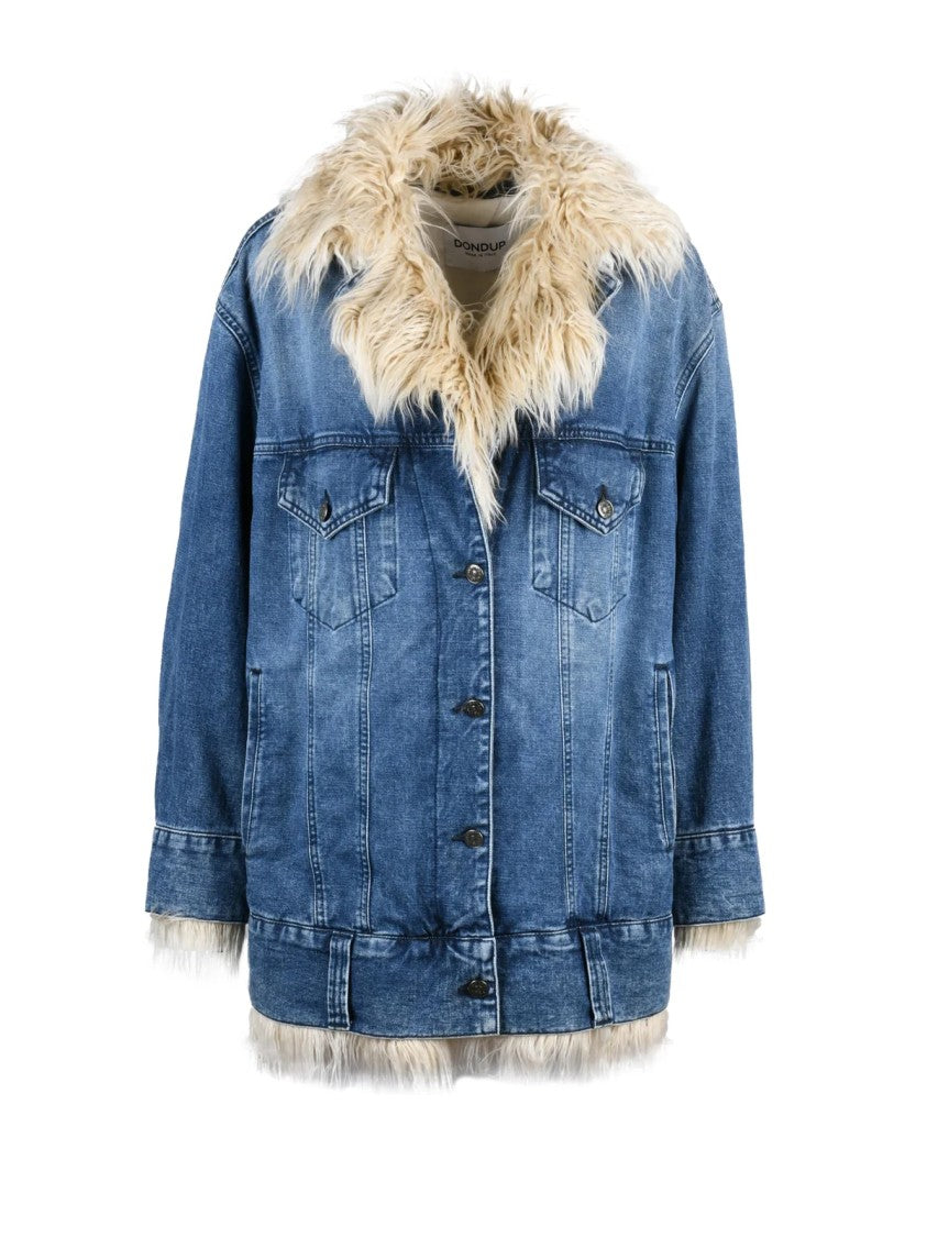 Dondup Light Blue Padded Faux Fur Trim Cotton Denim Overcoat