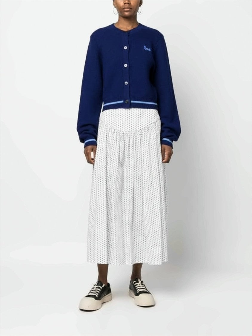 Marni Cropped Deep Navy Cardigan With Textured Wool And Contrasting Stripes