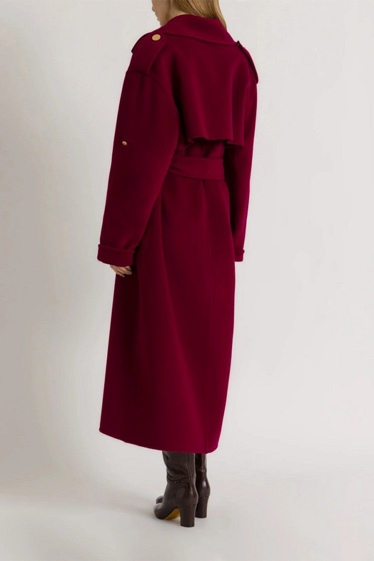 Alberta Ferretti Burgundy Double-Breasted Gold Button Wool-Blend Coat