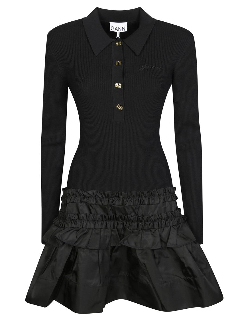 ganni melange knit dress Black Mini in Rib Ruffle Black Wedding Dresses Color:Sample Color knee length Size MINI SKIRT AND CROP