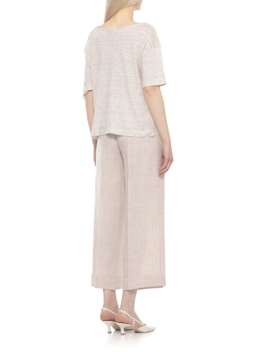 D. Exterior Beige Lace Linen-Blend Round-Neck Top