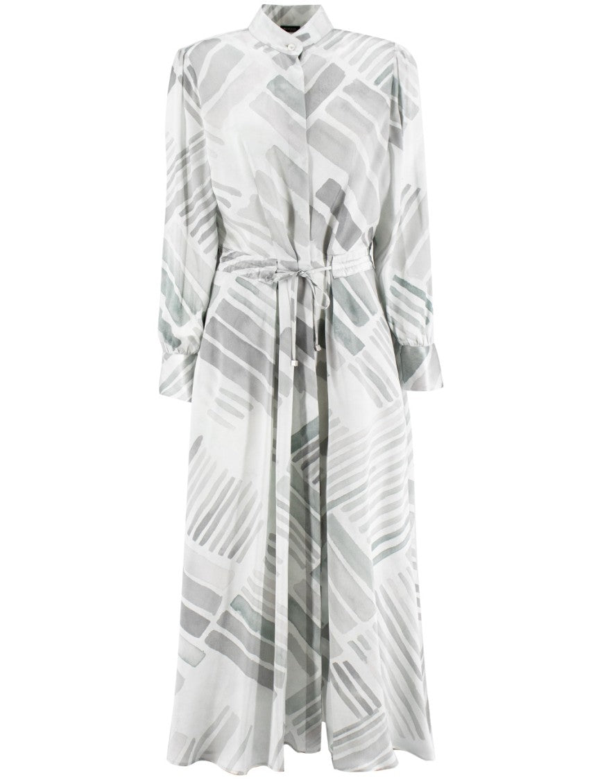 Kiton Printed Silk Long Dress With Mandarin Collar